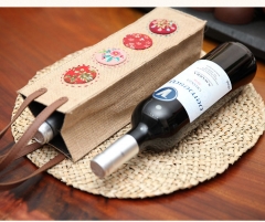 Yellow linen embroidered wine bag with PVC handle