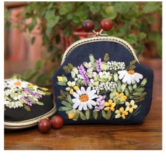 Small Coin Purse with Clasp, Metal Shoulder Strap, and Ribbon Embroidery
