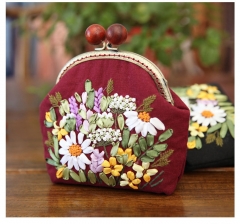 Small Coin Purse with Clasp, Metal Shoulder Strap, and Ribbon Embroidery