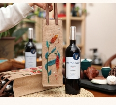 Yellow linen embroidered wine bag with PVC handle