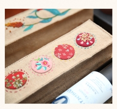 Yellow linen embroidered wine bag with PVC handle