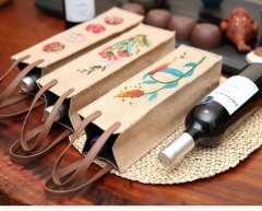 Yellow linen embroidered wine bag with PVC handle