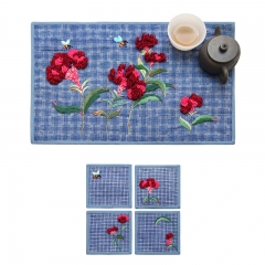 Chinese Fabric Embroidered Coasters and Handmade Tea Mat and DIY Hand Embroidery Material Kit