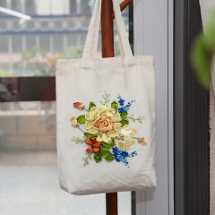 Handmade ribbon embroidery handbag three-dimensional embroidered floral canvas women's large bag handmade DIY
