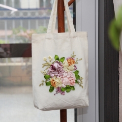 Handmade ribbon embroidery handbag three-dimensional embroidered floral canvas women's large bag handmade DIY