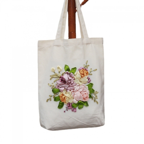 Handmade ribbon embroidery handbag three-dimensional embroidered floral canvas women's large bag handmade DIY