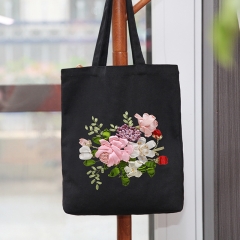 Handmade ribbon embroidery handbag three-dimensional embroidered floral canvas women's large bag handmade DIY