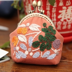 Small Coin Purse with Clasp, Metal Shoulder Strap, and Ribbon Embroidery