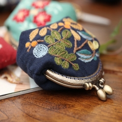 Small Coin Purse with Clasp, Metal Shoulder Strap, and Ribbon Embroidery