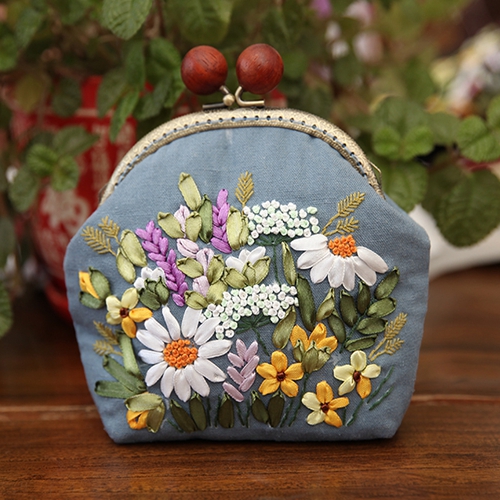 Small Coin Purse with Clasp, Metal Shoulder Strap, and Ribbon Embroidery