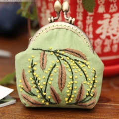 Small Coin Purse with Clasp, Metal Shoulder Strap, and Ribbon Embroidery