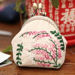 Small Coin Purse with Clasp, Metal Shoulder Strap, and Ribbon Embroidery