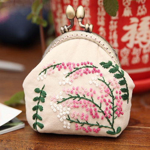 Small Coin Purse with Clasp, Metal Shoulder Strap, and Ribbon Embroidery