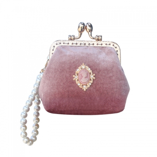 Vintage velvet clasp coin purse Wristlet bag handbag with pearl decoration or metal back strap